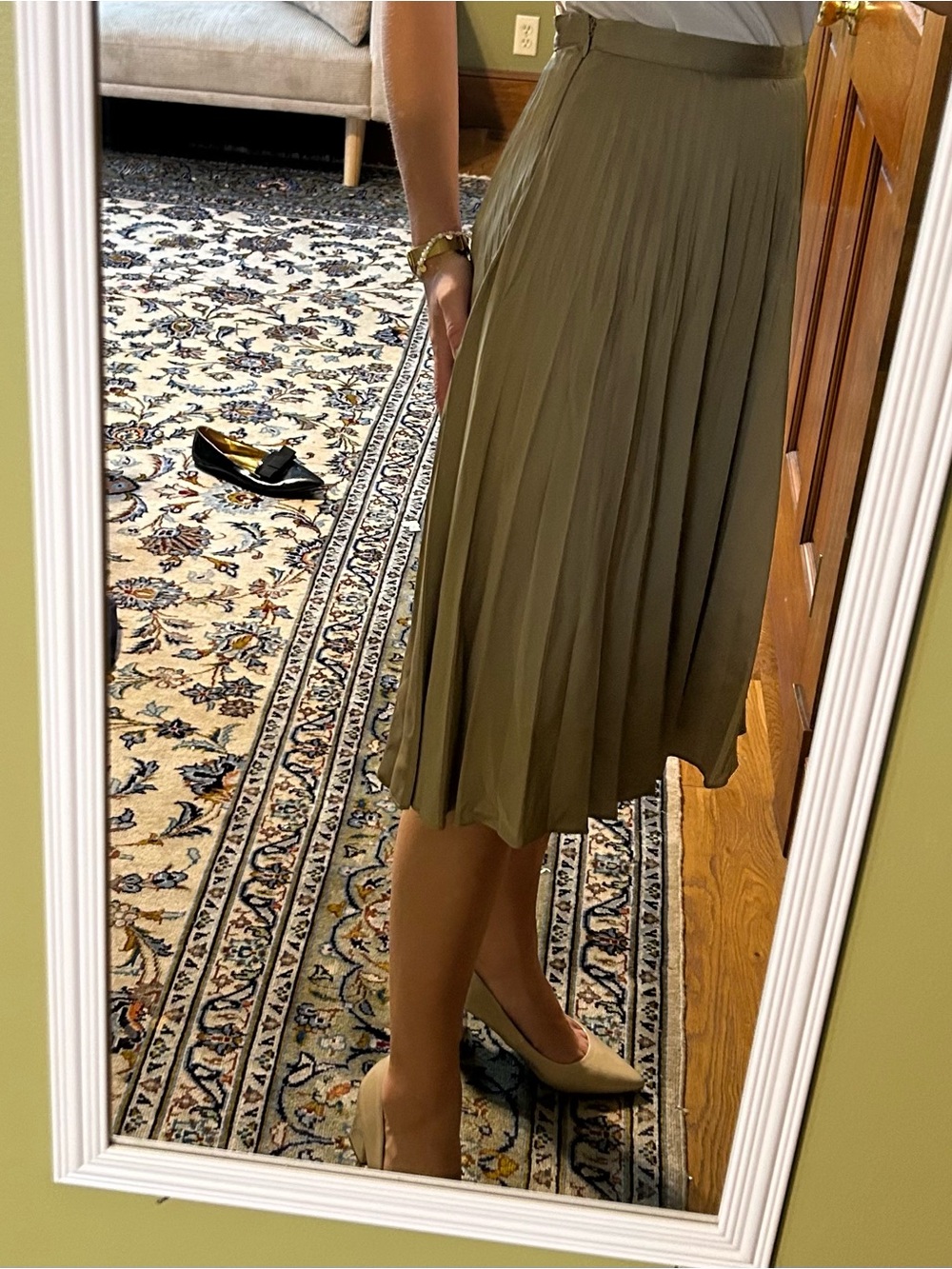 ANTONIO MELANI Olive Green Pleated A-Line Midi Skirt